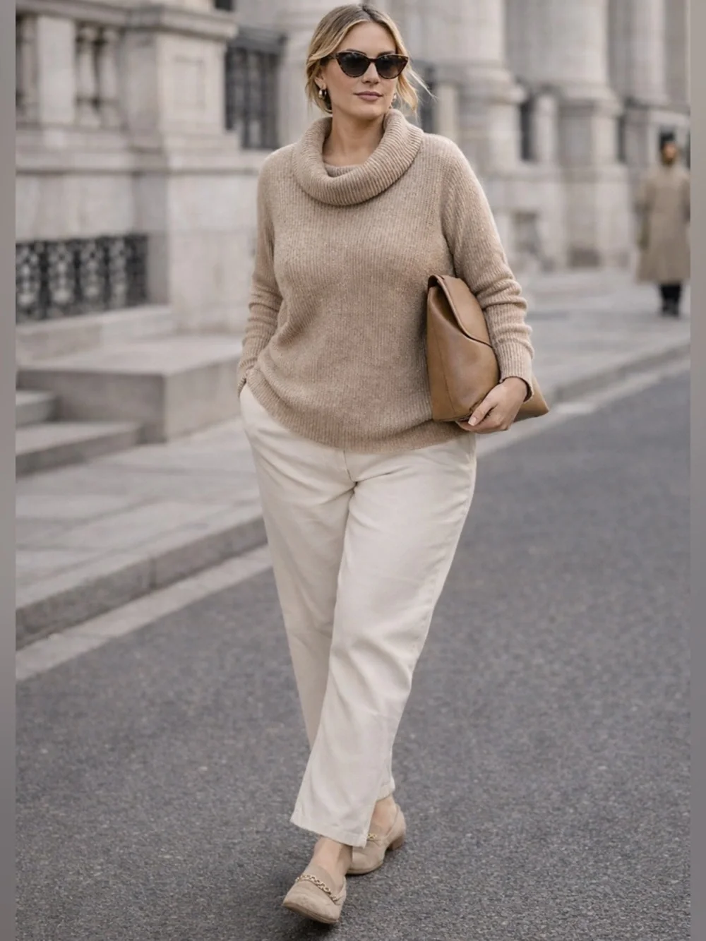 TAHARI Merino Wool Blend Cowl Neck Sweater Sz L Beige Tan Ribbed Cozy Luxe Knit - Picture 3 of 15